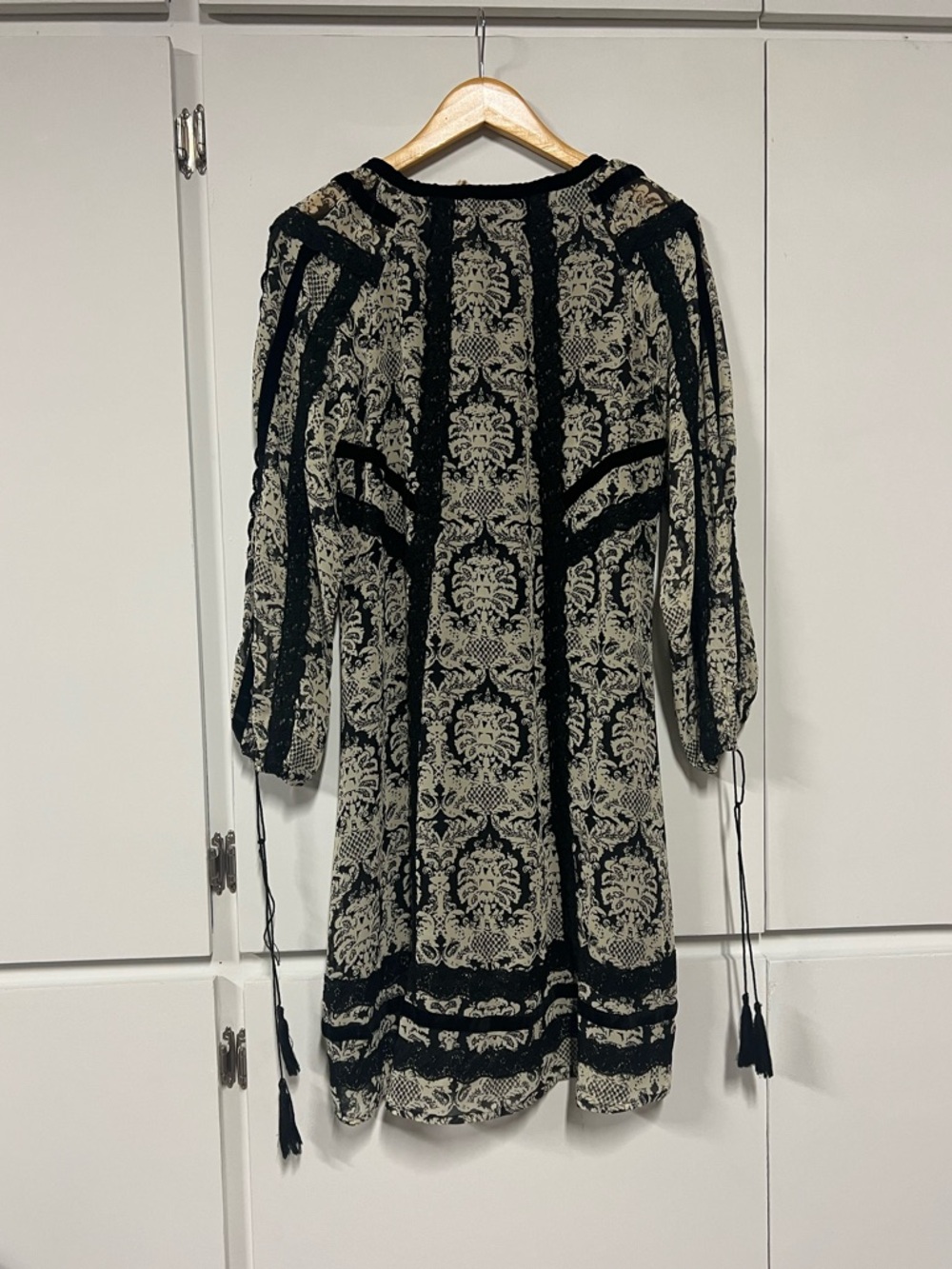 New - Double D Ranch Boho Western Dress in Black & Cream with Lace Tassel Tie - Picture 5 of 10